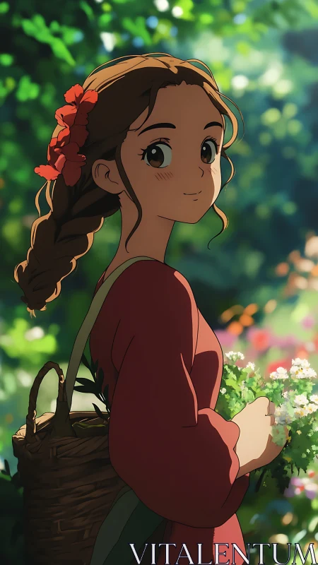 Anime girl in sunlit garden rendered with soft bokeh lighting