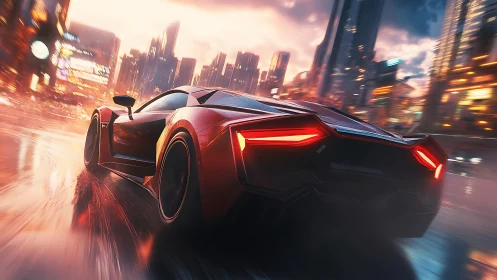Neon storm supercar slashes through rainlit city nightscape.