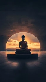 Buddha statue silhouette in circular hall at sunset light.