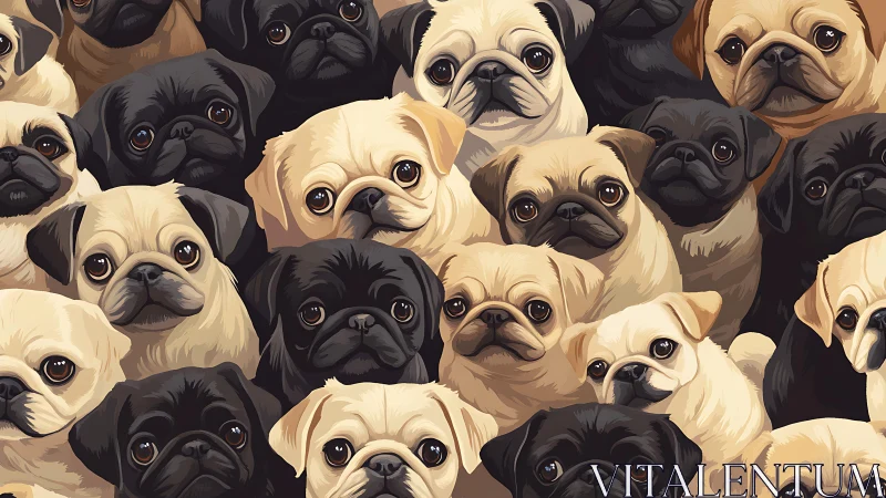 Cartoon pattern filled with black and fawn pug faces.
