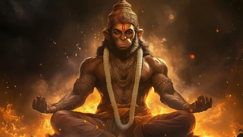 Divine simian warrior in fiery meditation, golden-lit aura.