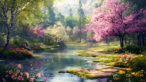 Spring forest river with cherry blossom trees in bloom.