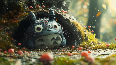 Soft forest guardian hiding beneath a mushroom-sprinkled log.