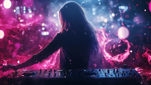 Neon-lit DJ silhouette commands a vibrant swirling nightclub