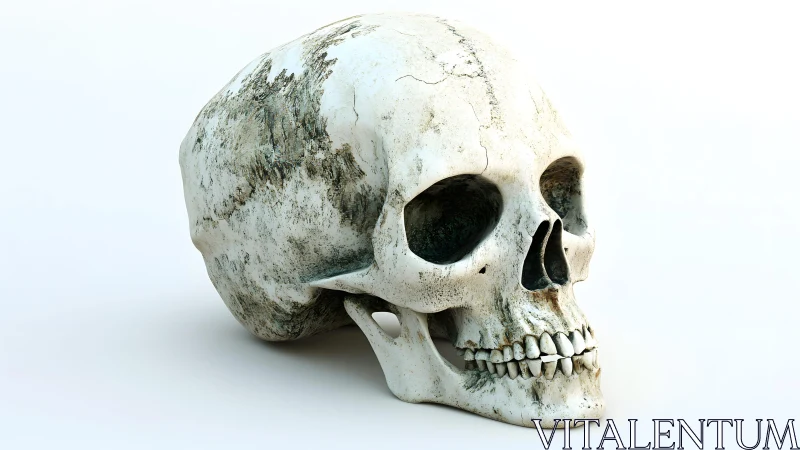 Realistic human skull on white background, detailed digital art.