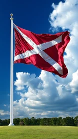 Red flag with white diagonal cross flies on tall flagpole