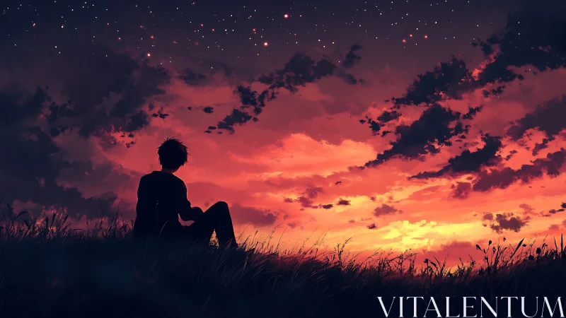 Silhouette figure sits in grass below dense sunset sky