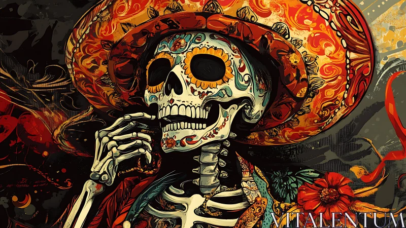 Sugar skull mariachi skeleton in blazing floral sombrero.