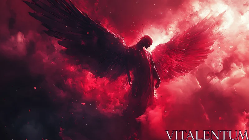 Winged humanoid silhouette descends through dense red clouds