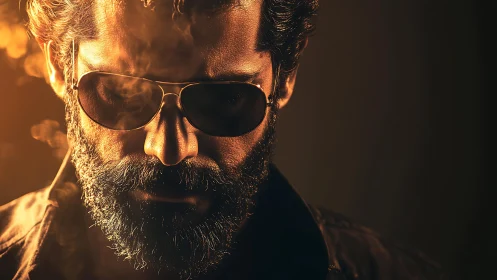 Bearded man in sunglasses under moody warm lighting.