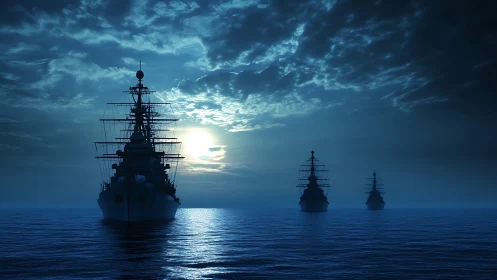 Warships aligned on calm ocean under moonlit clouds.