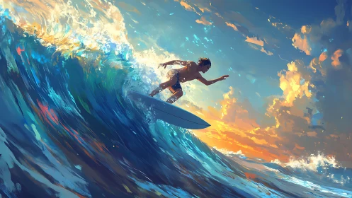 Surfer riding large wave under colorful sunset sky.