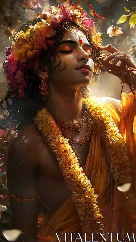 Figure in floral garlands with closed eyes in warm light.