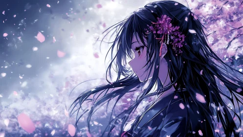 Sakura twilight profile of dark haired girl in windblown bloom.