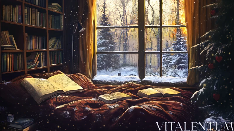 Digital painting of winter reading nook with panoramic window.