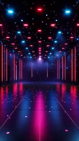 Futuristic corridor with neon lighting and reflective floor surface.