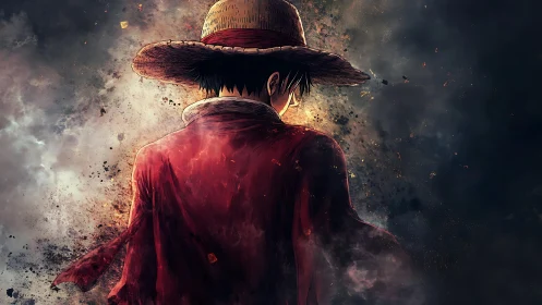 Straw hat figure in red coat amid diffuse smoky particles.
