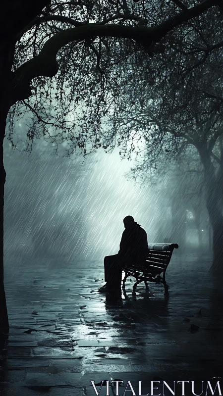 Solitary silhouette listens while the midnight rain confides