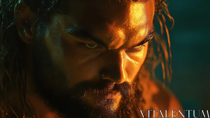 Cinematic close-up of intense male face in golden rim light.