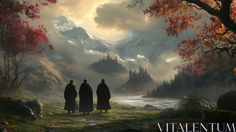Cloaked travelers observe a distant castle amid alpine mist