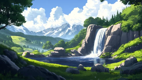 Luminous mountain valley waterfall in idyllic digital painting.