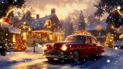 Vintage red car glows before a warmly lit snowy cottage.