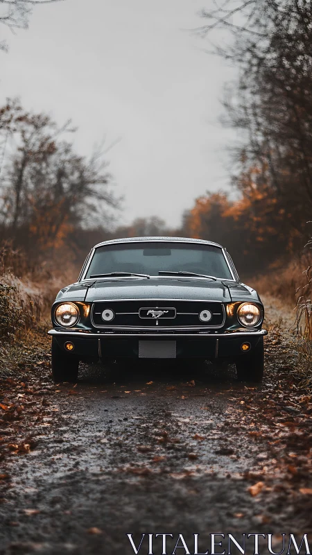 Classic black Mustang parked on wet autumn forest road.