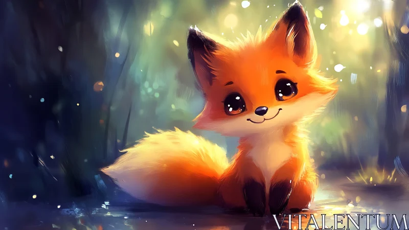Whimsical baby fox in luminous forest bokeh lighting.