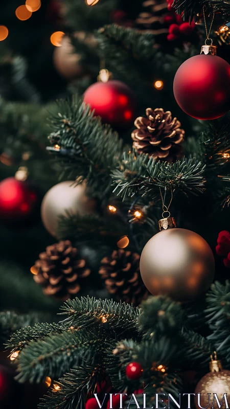 Red and gold ornaments on evergreen Christmas tree.
