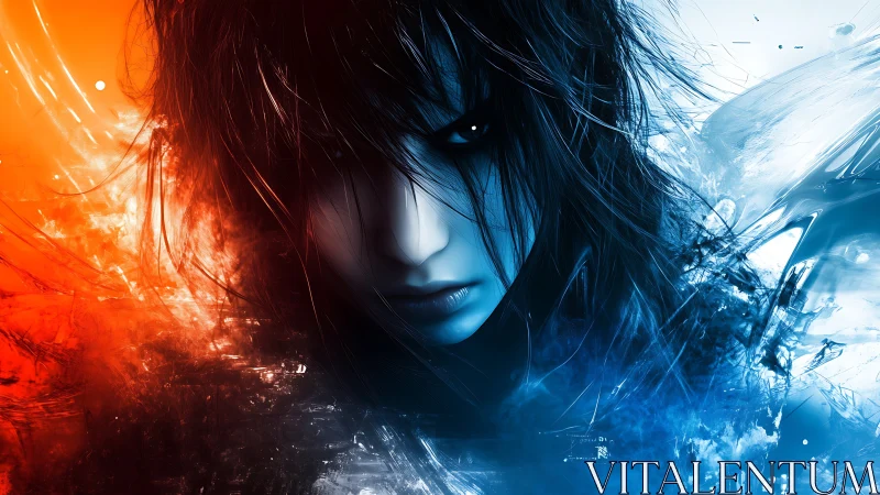 Elemental warrior portrait splits fire and ice realms.