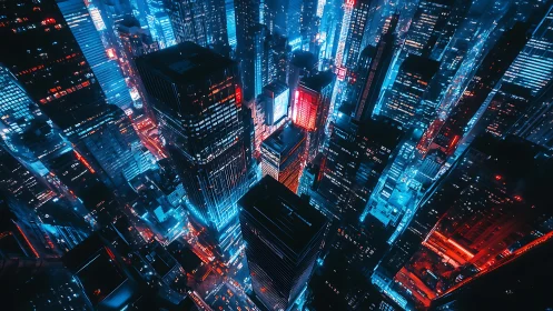 Neon-saturated vertical megacity in cyan-red spectral contrast.