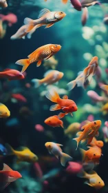 Goldfish group swimming in a dense aquarium environment.