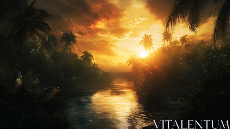 Sunset over tropical river with dense palm vegetation.