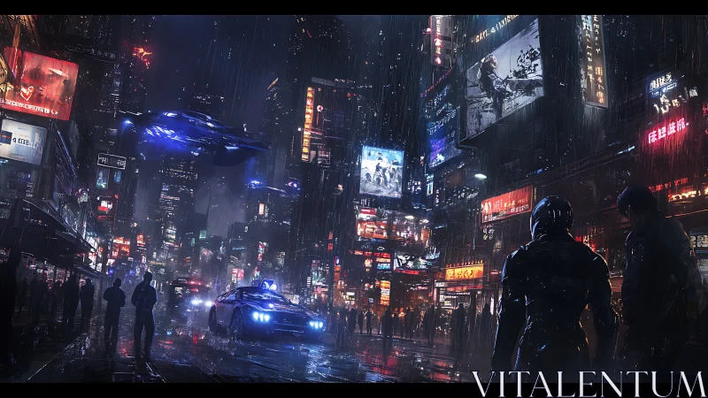 Neon soaked cyberpunk street alive with rain and mystery.