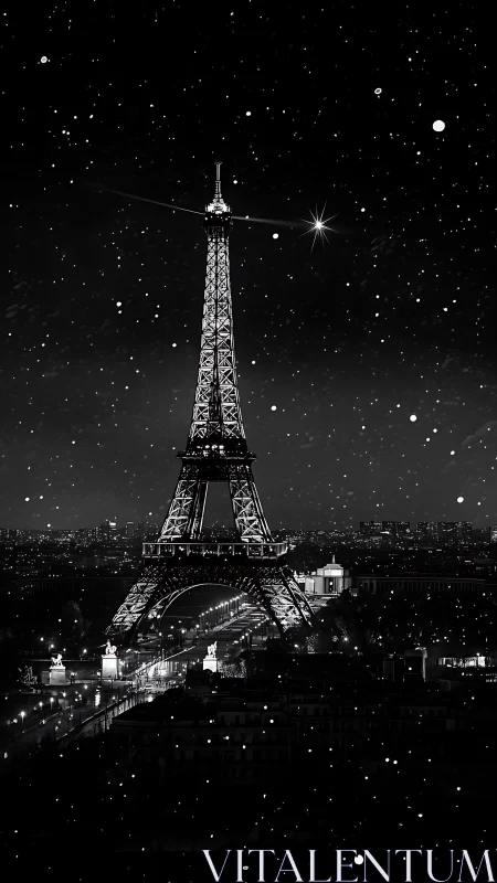 Starlit Paris snowfall wrapping the Eiffel Tower in hush.