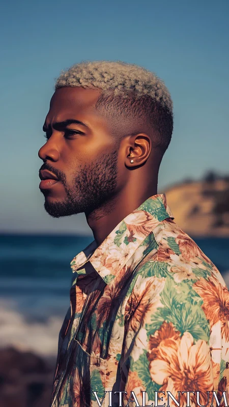 Side profile portrait with floral shirt by seaside.