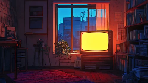 Retro TV glow in moody anime urban apartment interior.