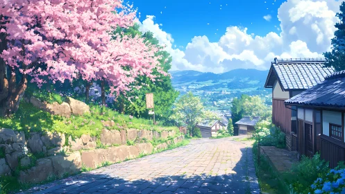 Cherry blossom hill road above sunlit rural valley.