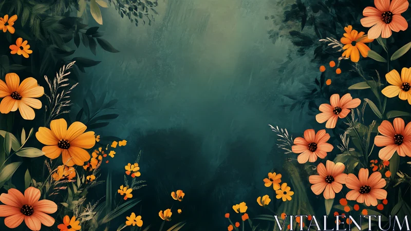 Orange Flowers on Teal Background with Botanical Elements