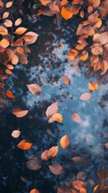 Copper leaves drift slowly across a mirror-bright autumn pond