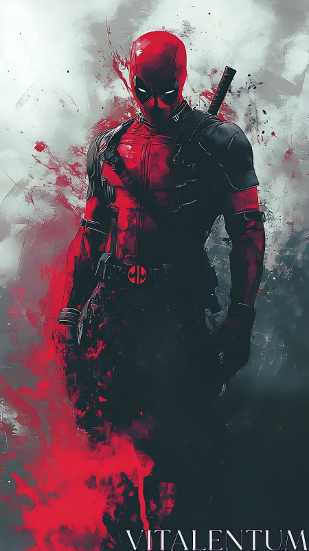 Red and black masked figure stands amid abstract splatter field