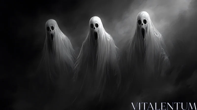 Three ghostly figures drift through swirling monochrome fog.