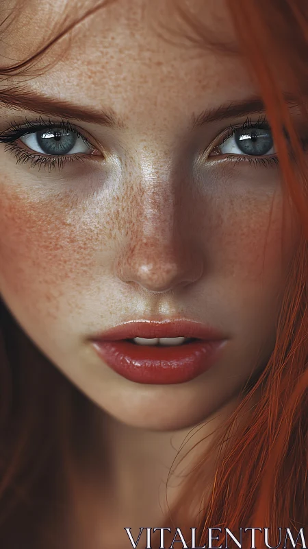 Copper-haired freckled portrait with hyperreal glossy lips.