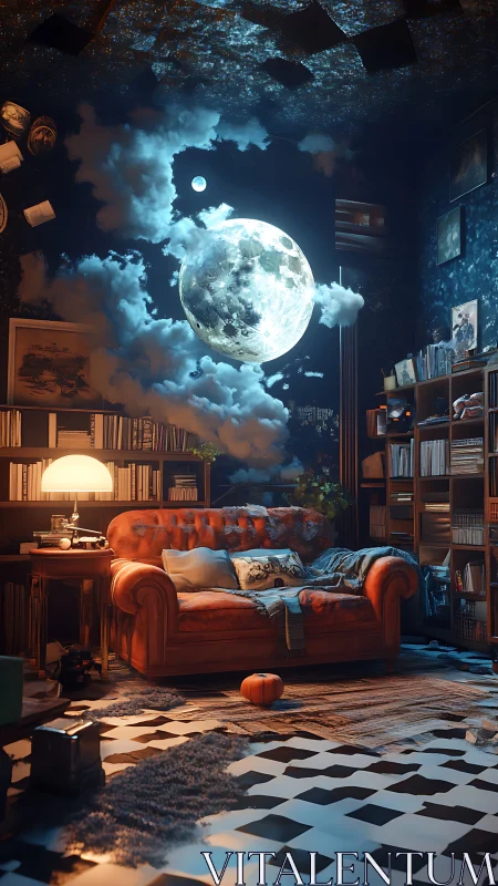 Living room interior with suspended moon and clouds installation.