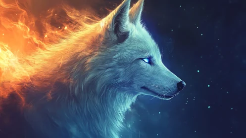 Fiery spirit wolf gazes into a calm, starry blue night