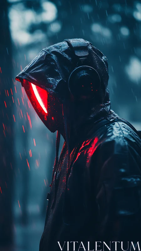 Hooded cyber figure stands in neon rain with glowing visor