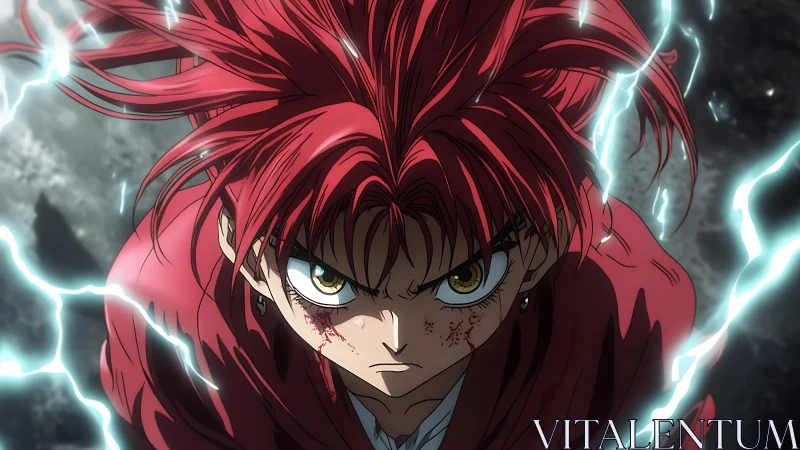Red haired anime fighter amid lightning arcs in close focus.
