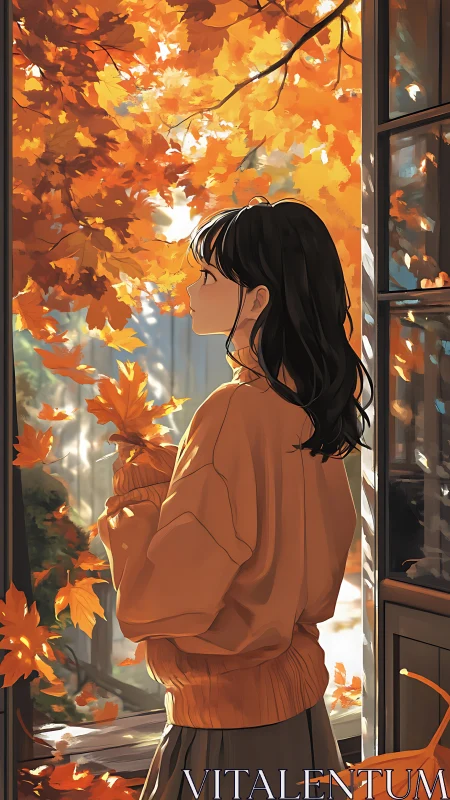 Girl in warm sweater contemplates an autumn garden glow.