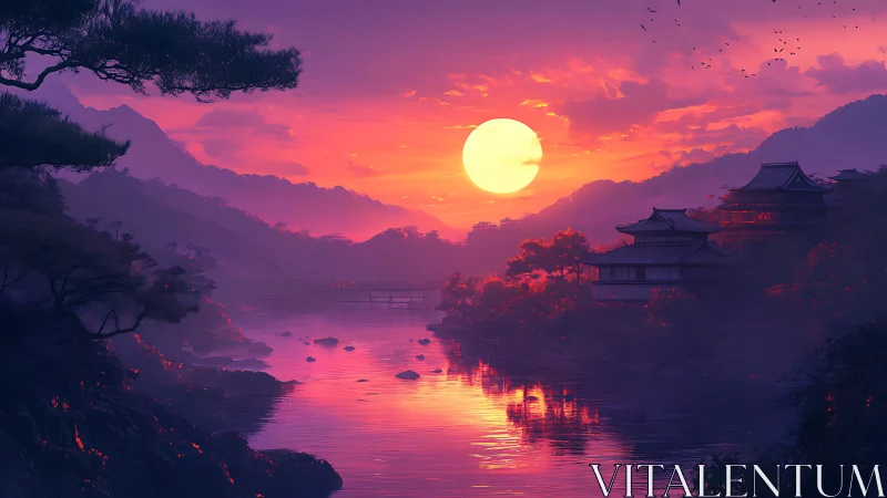 Dreamy sunset over tranquil riverside temples and hills.