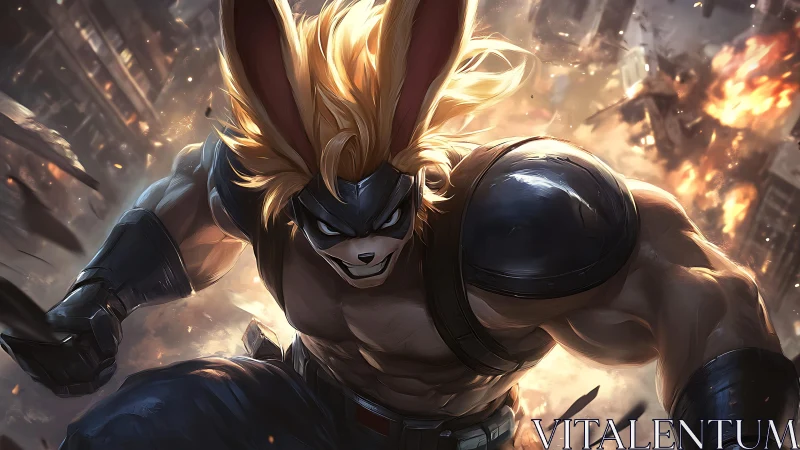 Musclebound rabbit hero storms a burning steel cityscape